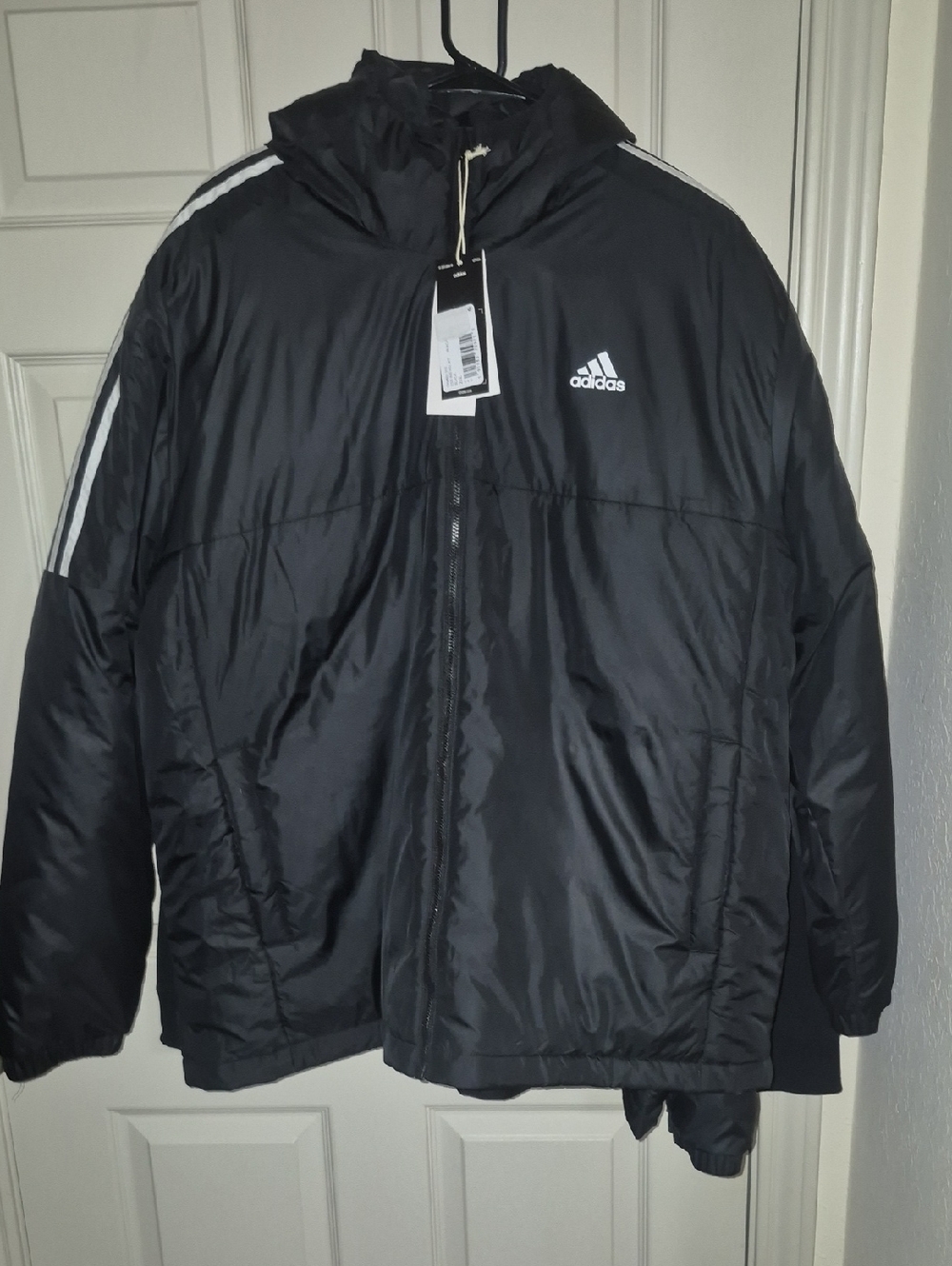 Adidas Men’s 2XL Black Puffer Jacket White 3-Stripes Full Zip Coat